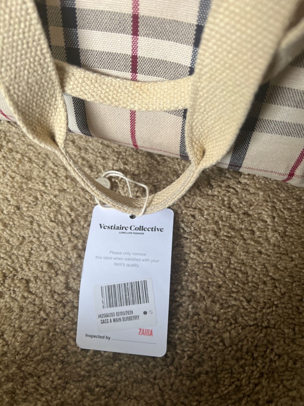 Beige Plaid Canvas Duffel with Navy and Burgundy Accent - Picture 6 of 9